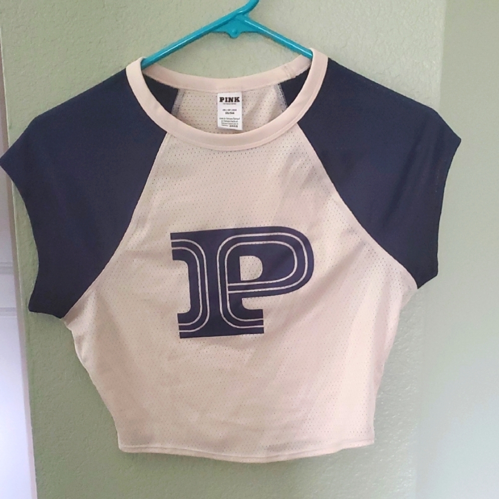 PINK Cream and Navy blue logo jersey crop top